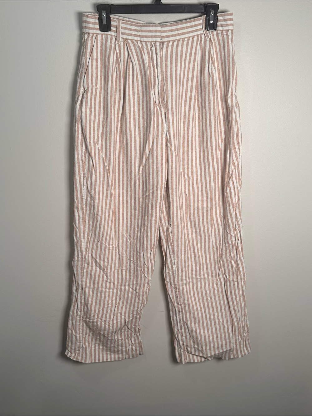 A&F Striped Linen-Blend High Waist Trousers - tan & White